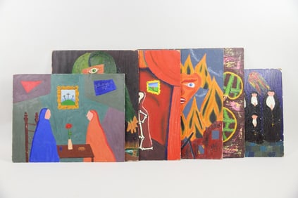 Group of 6 Outsider Art Paintings, Signed Jon Oxford 1940s