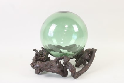 Green Glass Witch's Ball on Root Base