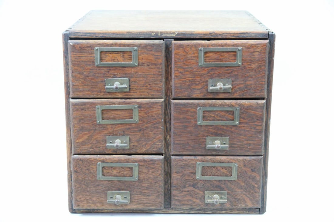 6-Drawer Oak & Brass Card Catalog Filing Cabinet: 6-Drawer Oak & Brass Stacking Card Catalog Filing Cabinet. A small index card catalog or filing cabinet made of rich, dark oak with atypical brass pulls and visible dovetail joinery. With patent label