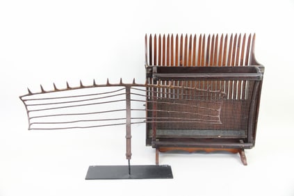 Two Sculptural Agricultural Items, Wooden Cranberry Scoop & Hay Rake Head