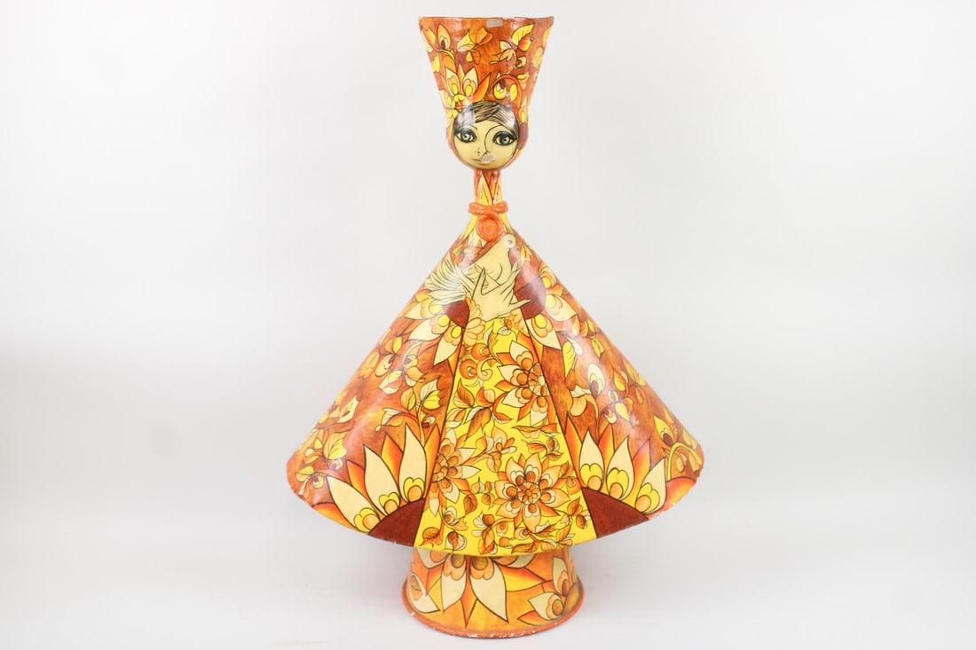 Abelardo Ruiz Folk Art Papier Mache Candle Holder: Mid-Century Modern Boho Abelardo Ruiz Folk Art Papier Mache Candle Holder. Colorful Mexican folk art papier-mche sculptural candle holder in the form of a big-eyed woman holding a dove, created by the