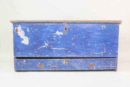 Primitive Blue Painted Blanket Chest with Drawer