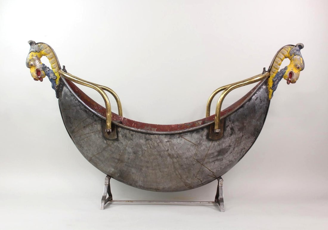 Large 2-Seat Carnival Gondola with Carved Dragons: 2-Seat Wood & Brass Carnival Gondola with Carved Dragons, from VillaCasaCasualinga.A carnival ride gondola made of steel with brass railings. It features carved wood dragons on each end and two wooden