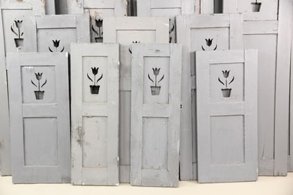Set of 48 Gray Painted Shutters with Flower Pot Cutouts