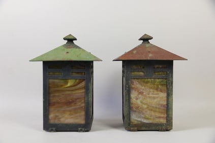 Pair of Arts & Crafts Metal & Slag Glass Wall Lanterns