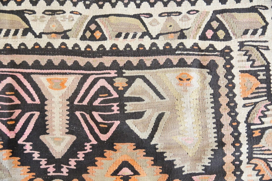 Anatolian Turkish Geometric Wool Kilim Rug, 5.5 x 13 Ft: Anatolian Turkish Geometric Wool Kilim Rug, 5.5 x 13 Ft. A large handwoven rug with traditional flatwoven structure and intricate geometric motifs. Made of vegtable dyed wool in shades of brown, orang