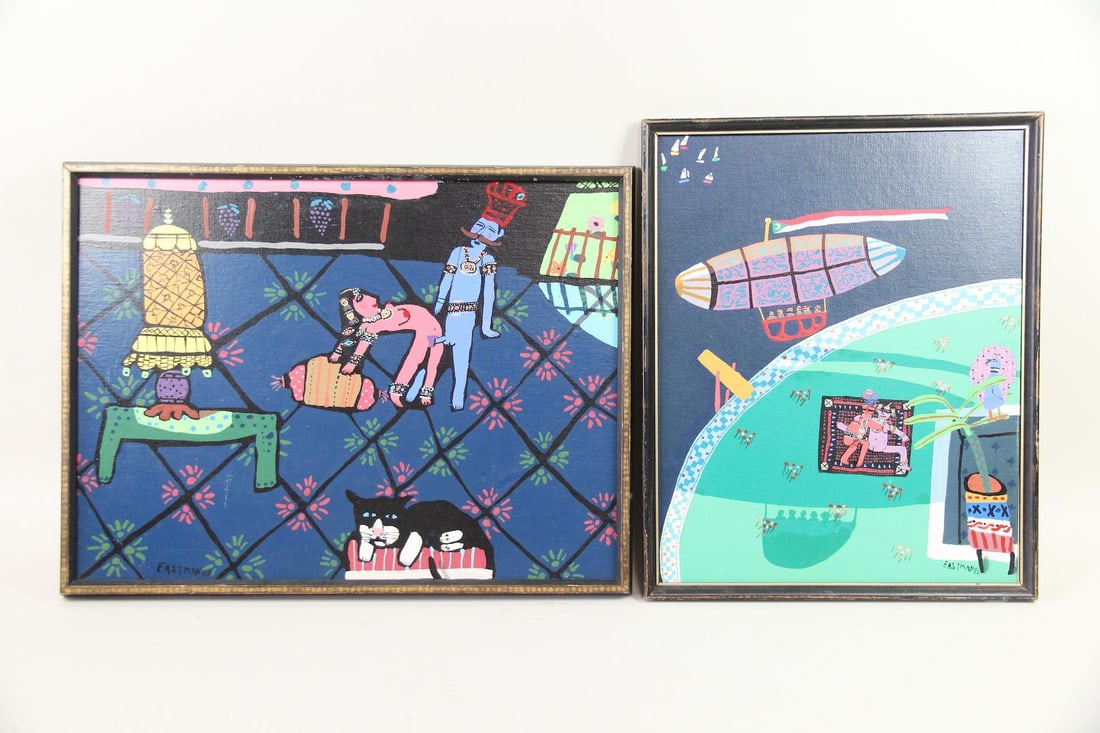 Pair of Erotic Folk Art Paintings, Signed Eastman: Pair of Erotic Folk Art Paintings, Signed Eastman. Pair of paintings on board featuring kama sutra style erotic couples in whimsical and lighthearted settings. Signed Eastman 82 and in wooden frames. 