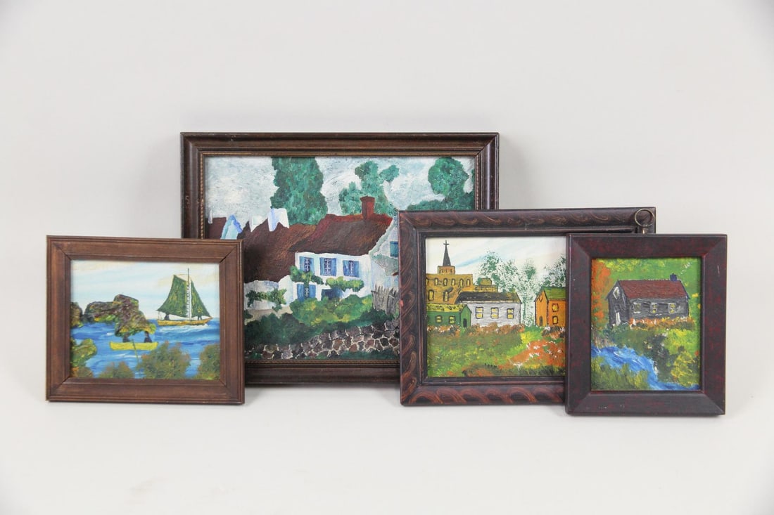 Lot of 4 Small Folk Art Paintings, Villages & Sailboats (1 of 12)