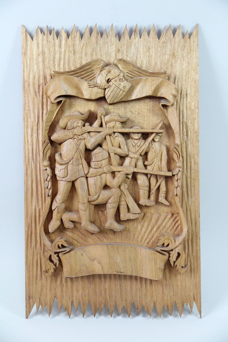 Folk Art Carved Wood Plaque, Revolutionary Soldiers (1 of 6)