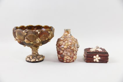 Lot of 3 Folk Art Sea Shell Encrusted Containers