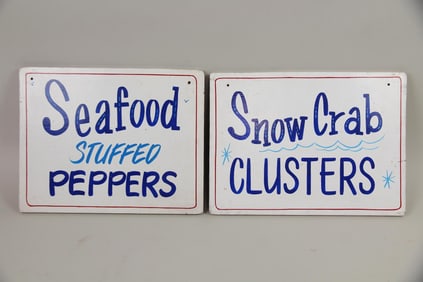 Pair of Painted Wood Seafood Market Signs