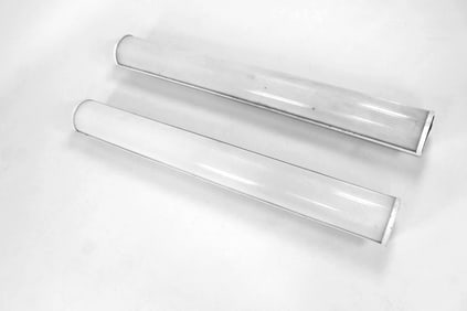 Pair of Industrial Ribbed Convex Milk Glass Theater Sconces