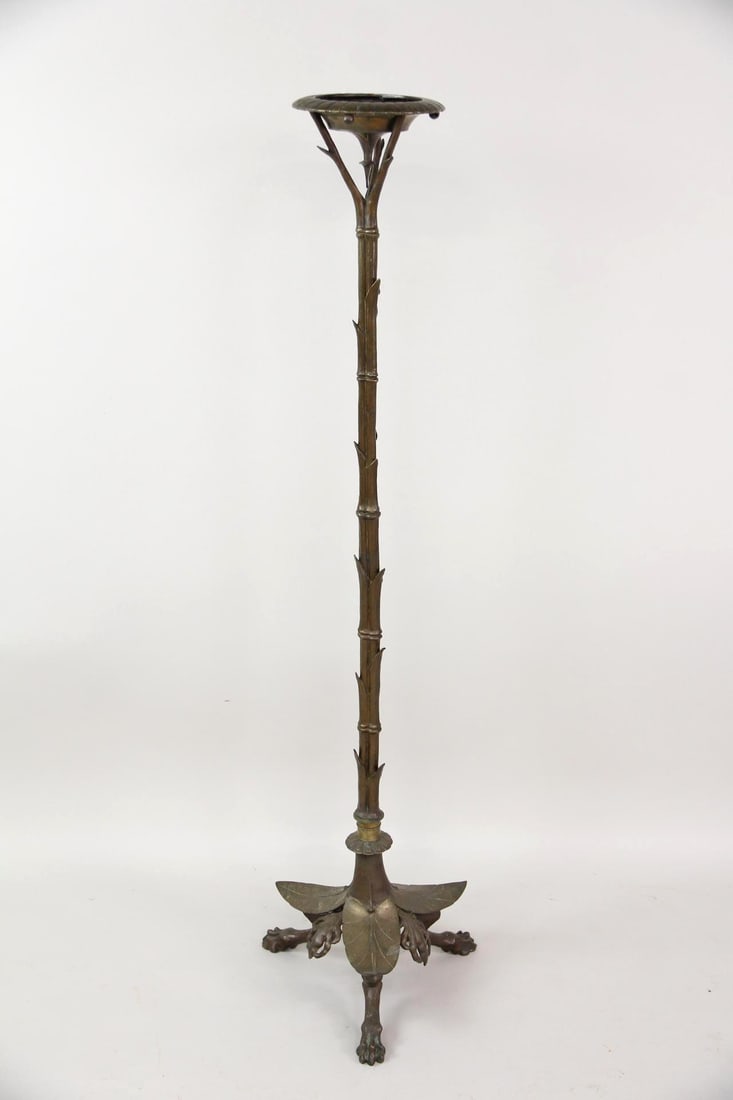 Art Nouveau Bronze Claw Foot Candle Holder, Bamboo Motif: Art Nouveau Bronze Claw Foot Candle Holder, Bamboo Motif. This Art Nouveau candle holder has a bamboo motif with decorative claw foot base. Dimensions are 53 in h x 7.75 in w x 14 in d at base. Condit