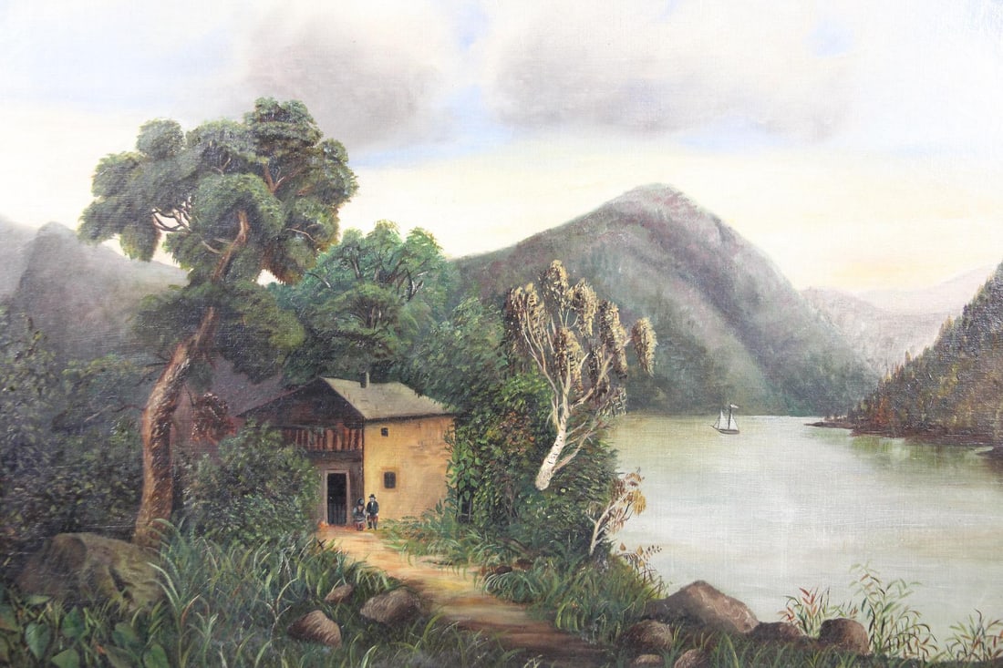 Naive Romantic Hudson River Landscape Painting: Naive Romantic Hudson River School Landscape Painting. Antique painting on canvas in a naive style, depicting a romantic river landscape, with a house and couple in the left foreground. In an ornate g