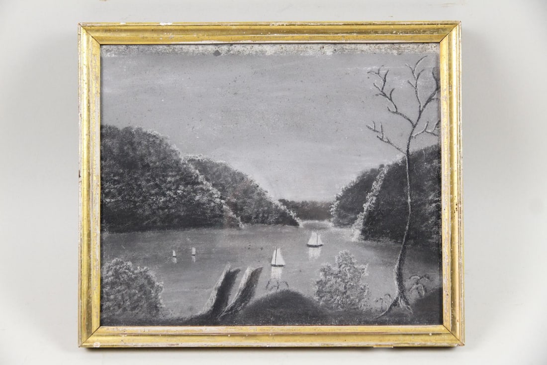 Hudson River School 19th C. Sandpaper Drawing in Gilt Frame, Sailboats: Hudson River School 19th C. Sandpaper Folk Art Drawing, 4 Sailboats. Folk art depiction of the Hudson River, with steep forested hills meeting the water and 4 sailboats. In a period giltwood frame. Di