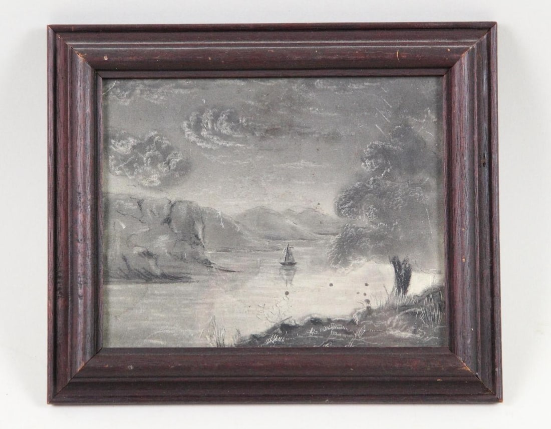 Hudson River School 19th C. Sandpaper Drawing, Solitary Sailboat: Hudson River School 19th C. Sandpaper Folk Art Landscape Drawing, Sailboat. Small folk art depiction of the Hudson River with a solitary sailboat. In a dark wood frame. Dimensions are 6.75 in h x 7.75