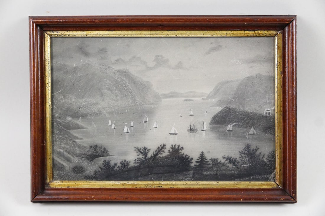 Hudson River School 19th C. Sandpaper Drawing, View from West Point: Hudson River School 19th C. Sandpaper Folk Art Drawing, View from West Point. Folk art depiction of the Hudson River with sailboats, after an engraving titled View from West Point (Hudson River) by th