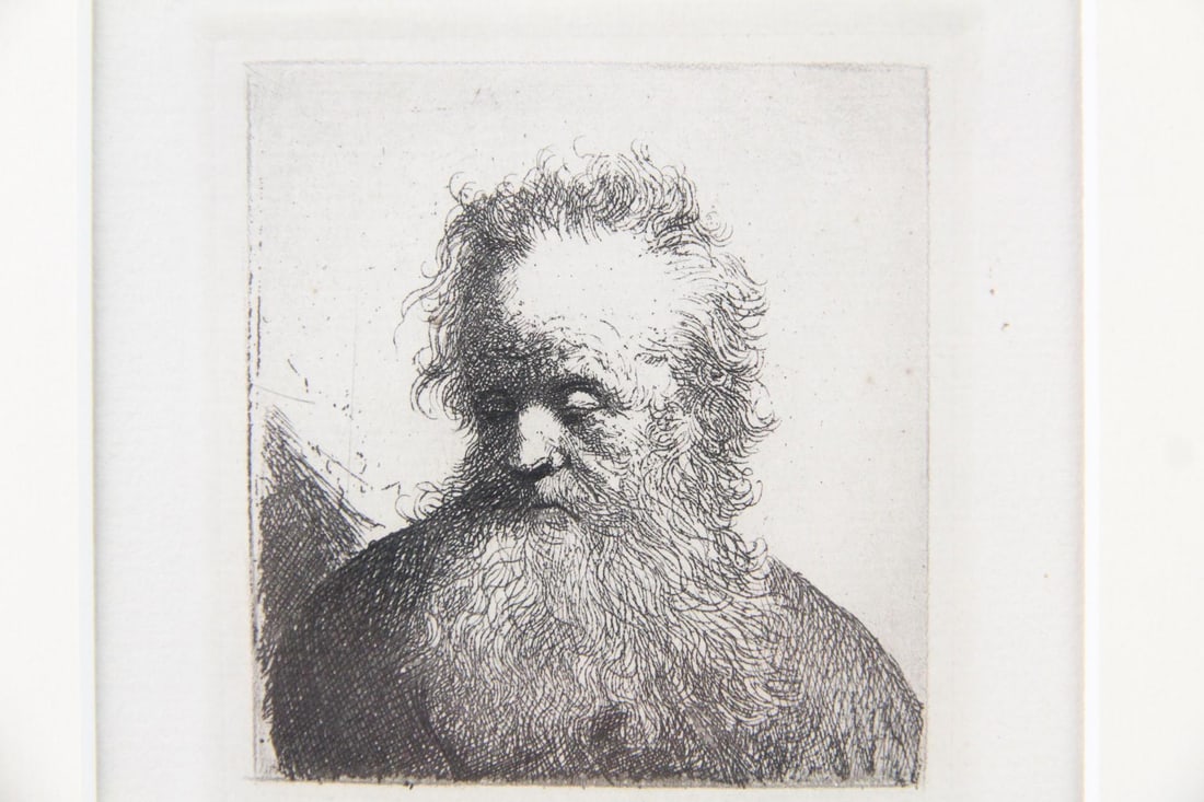 Etching after Rembrandt "Old Man with a Flowing Beard": Etching after Rembrandt "Old Man with a Flowing Beard." Etching after Rembrandt van Rijn, titled Old Man with a Flowing Beard. In a black wooden frame. Dimensions of the frame are 14.5 in h x
