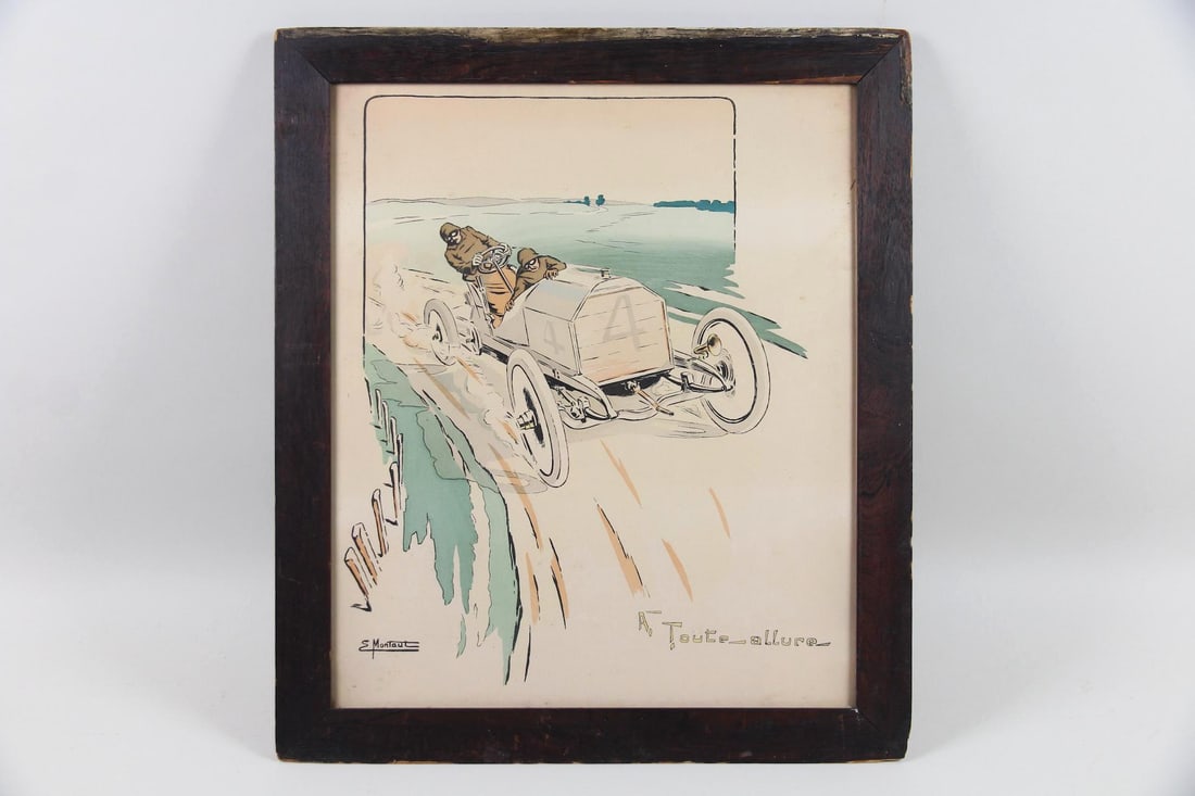 Ernest Montaut Racecar Lithograph, "A toute allure": Ernest Montaut Racecar Lithograph, "A toute allure". A beautifully colored print by poster artist Ernest Montaut (French 1878-1909). Signed in plate. In a dark, aged wood frame. Dimensions are