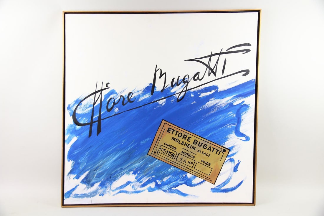 Ettore Bugatti Oil Painting, Molsheim: Ettore Bugatti Automotive Oil Painting, Blue & Black. An oil on canvas painting featuring a fascimile signature of Italian automobile designer Ettore Bugatti in black atop cobalt blue brushwork.