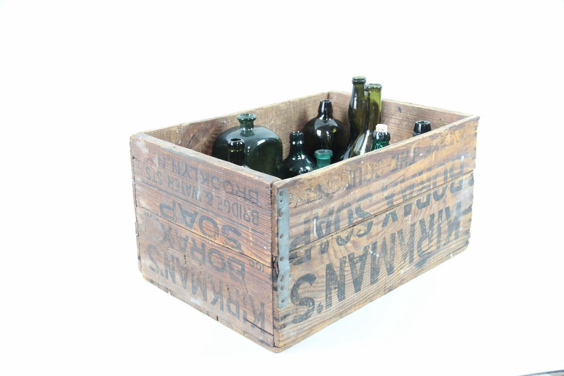 Collection of 10 Green Glass Bottles in Wooden Crate (1 of 13)