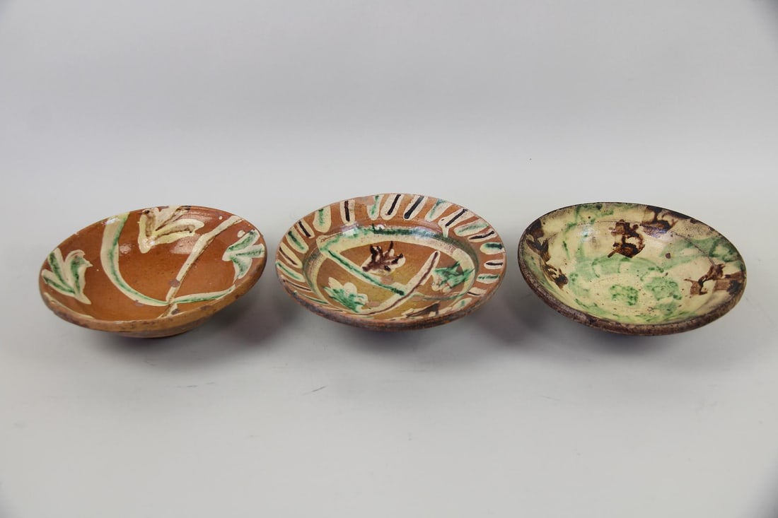 Lot of 3 Redware Pottery Slip Decorated Bowls (1 of 10)