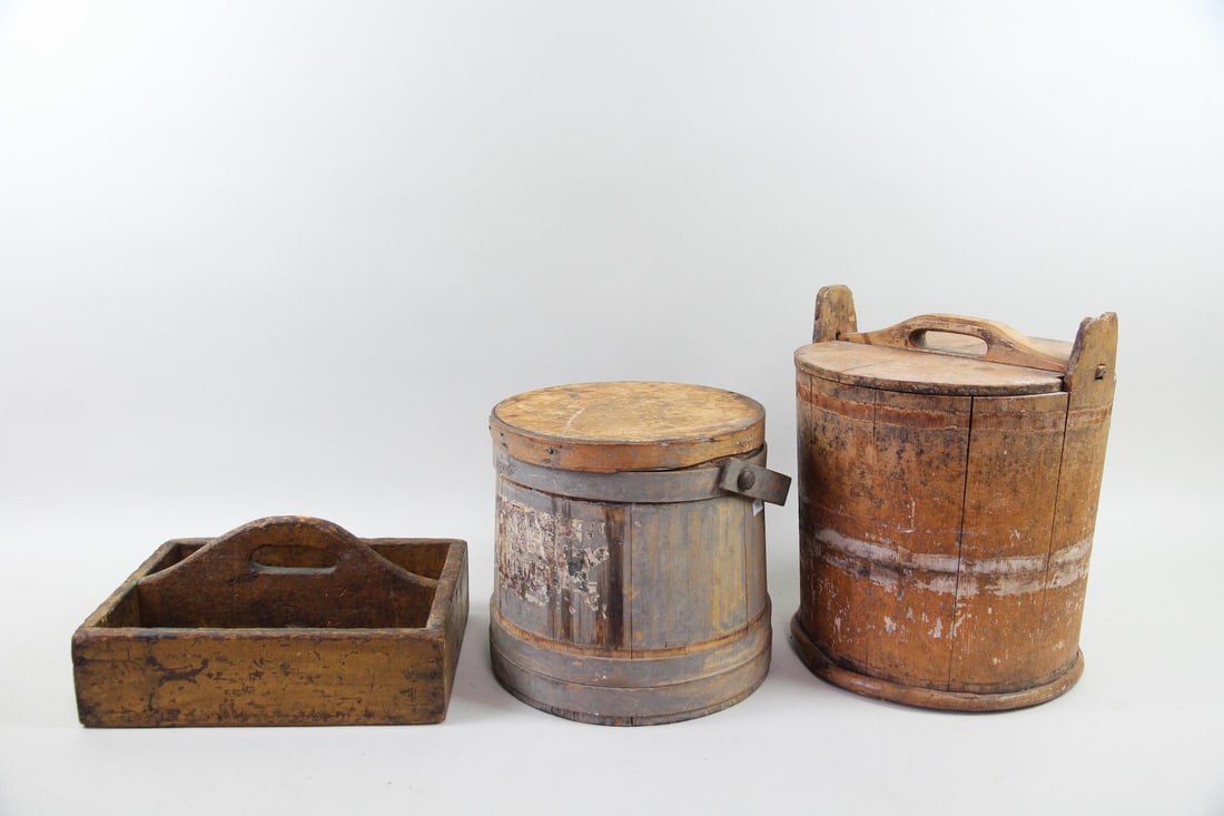 Lot of 3 Primitive Wood Containers, Painted Firkin & Cutlery Caddy (1 of 11)