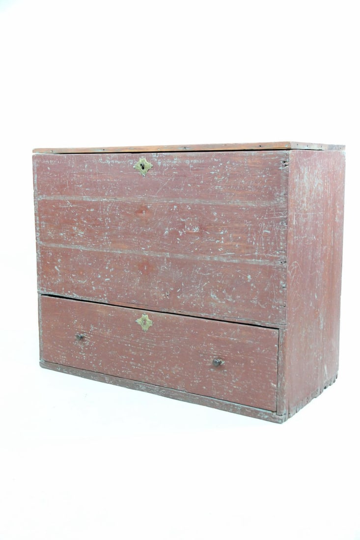 Minimalist Antique Primitive Red Painted Trunk with Drawer (1 of 13)