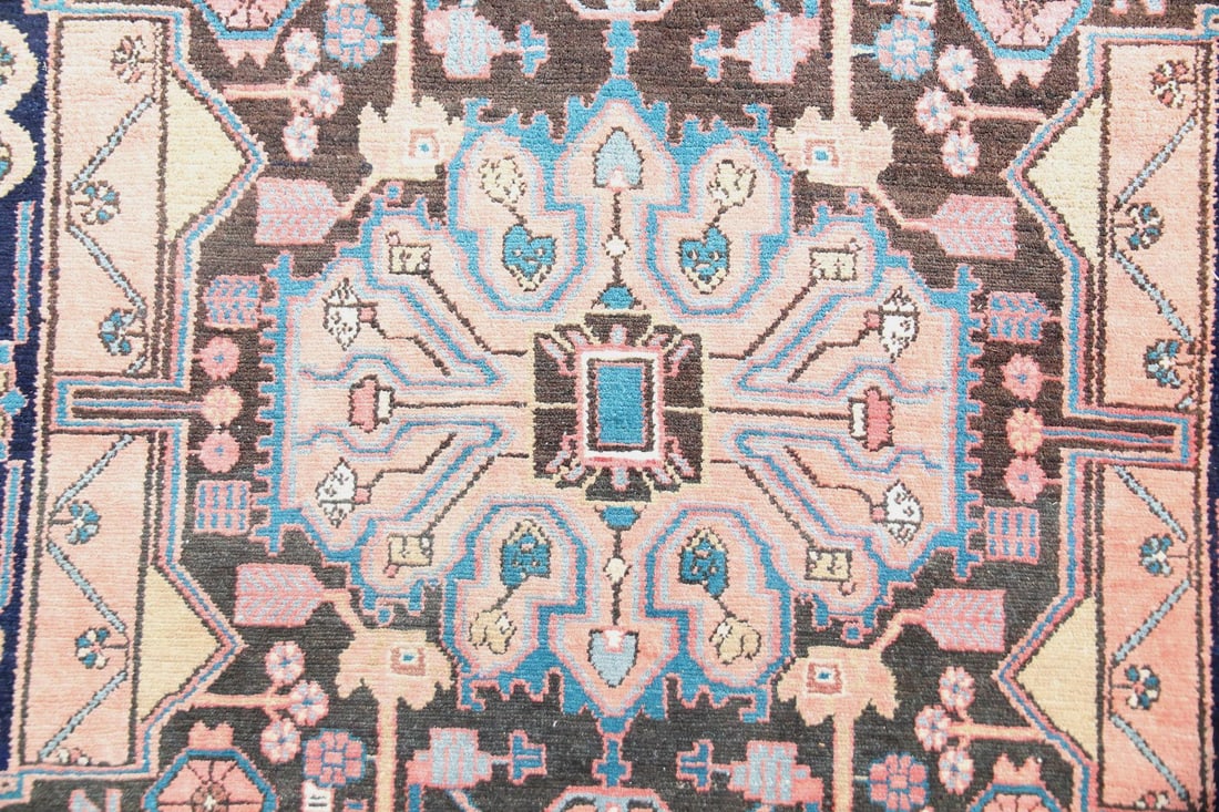 Persian Hamadan Wool Rug with Center Medallion: Persian Hamadan Rug with Center Medallion. This is a modern Persian rug featuring a central medallion surrounded by geometric & floral patterns. Made of wool in coral, brown, teal, & navy on cotton gr