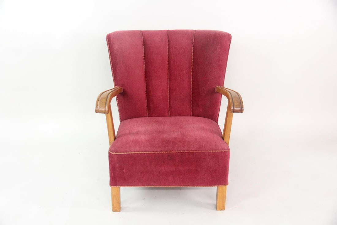 Danish Modern Red Velvet Lounge Chair by Fritz Hansen (1 of 16)