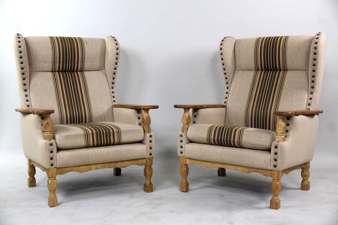 Pair of Danish Wingback Chairs, Oak & Wool, Henning Kjaernulf (1 of 12)
