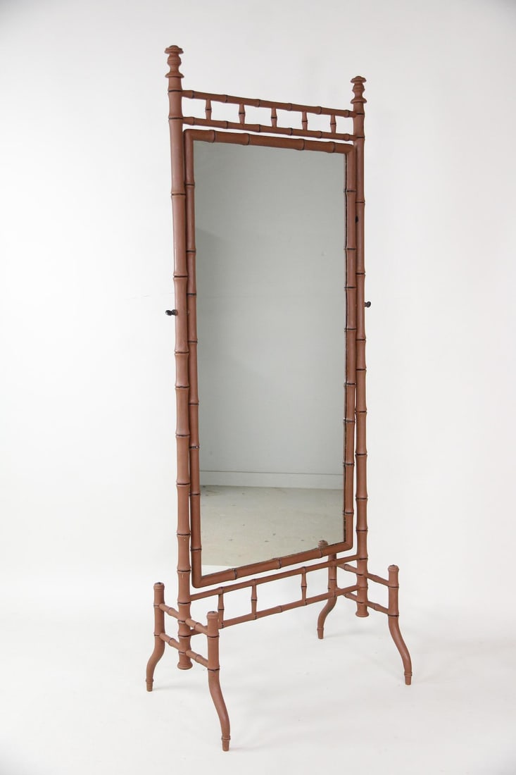 Aesthetic Movement Carved Faux Bamboo Cheval Mirror: Aesthetic Movement Victorian Carved Faux Bamboo Cheval Mirror. Faux bamboo carved wood dressing mirror, painted brown with black details.Dimensions are 81.5 in h x 31 in w x 20 in d. Condition is good