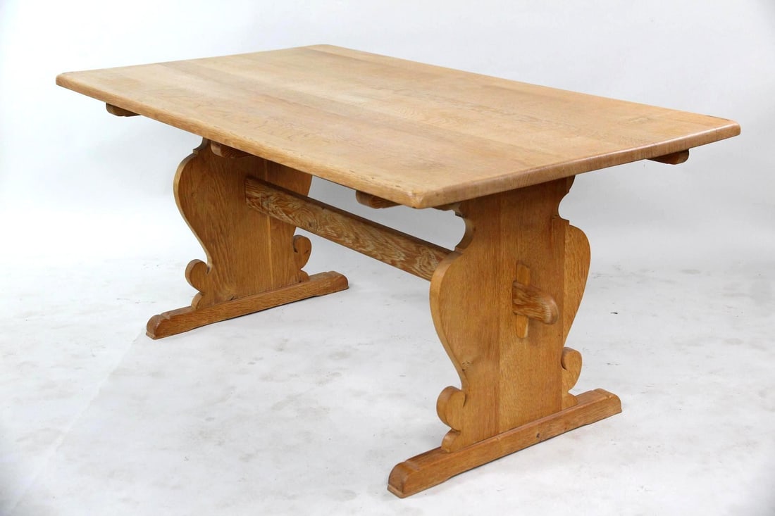Danish Oak Farm Trestle Table with 2 Leaves, Henning Kjaernulf (1 of 11)