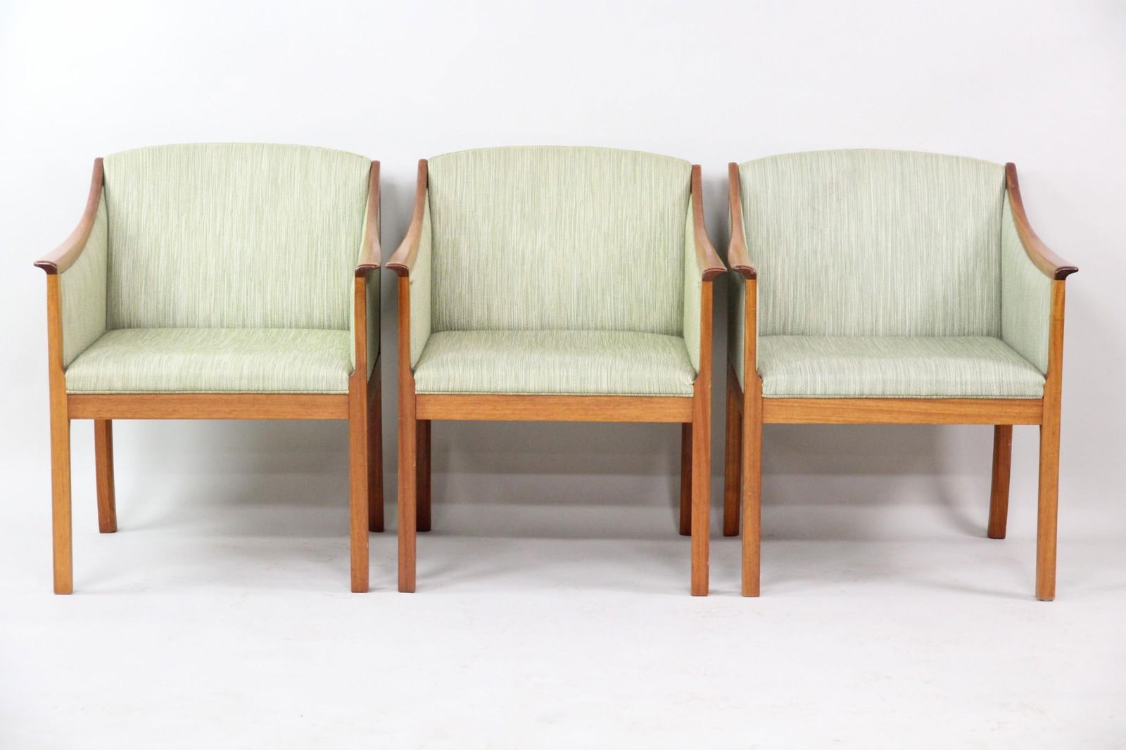 Set of 3 Ole Wanscher for Poul Jeppesen Arm Chairs: Set of 3 Danish Mid-Century Modern Ole Wanscher for Poul Jeppesen Arm Chairs. Matching set of chairs with sage green upholstery and wooden frames. Dimensions are 31.5 in h x 25 in w x 25.5 in d.