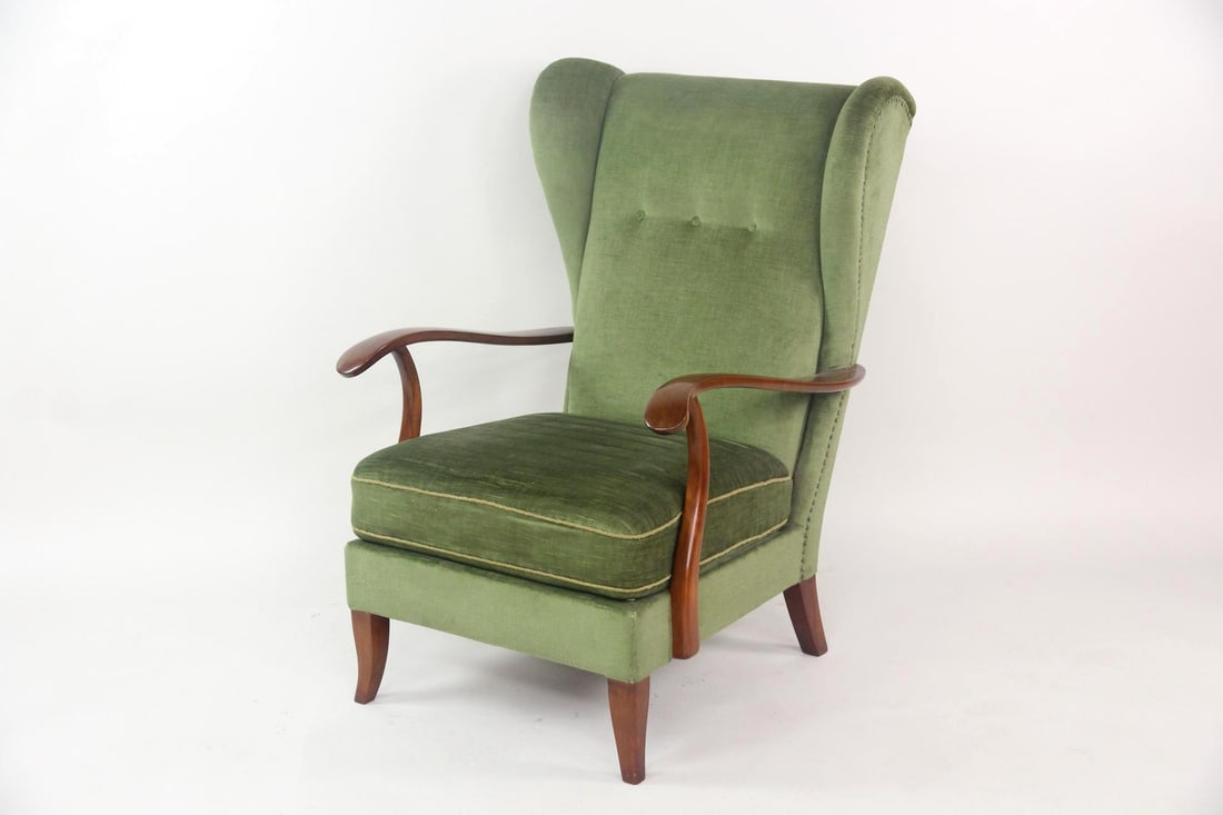 Danish Modern Velvet Wingback Lounge Chair, Style Paolo Buffa (1 of 14)