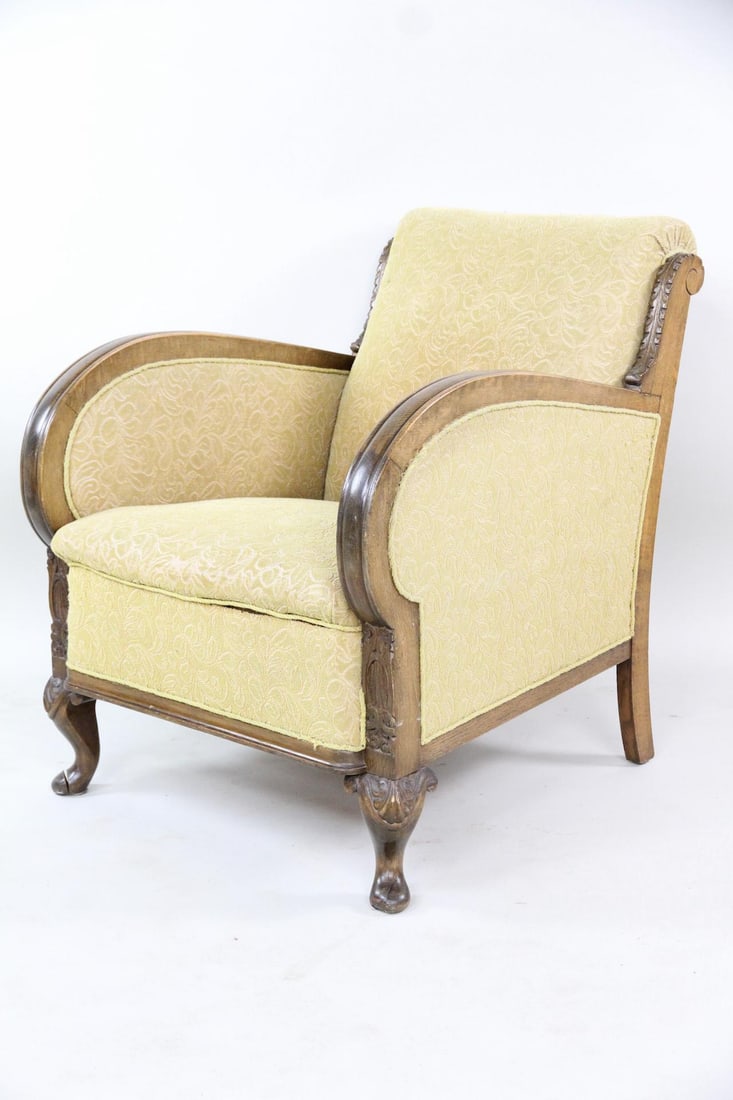 Danish Art Deco Carved Club Chair, Gold Floral (1 of 15)
