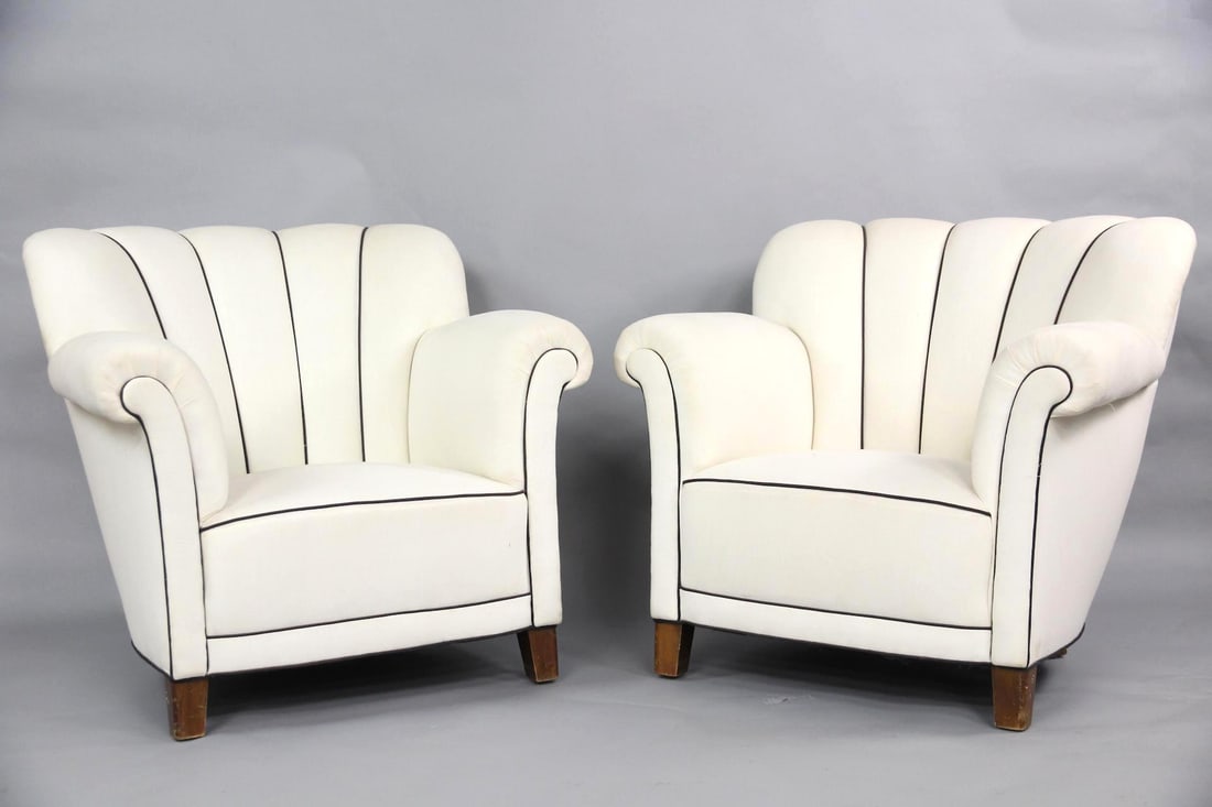Pair of Danish Modern Linen Channeled Back Club Chairs (1 of 13)