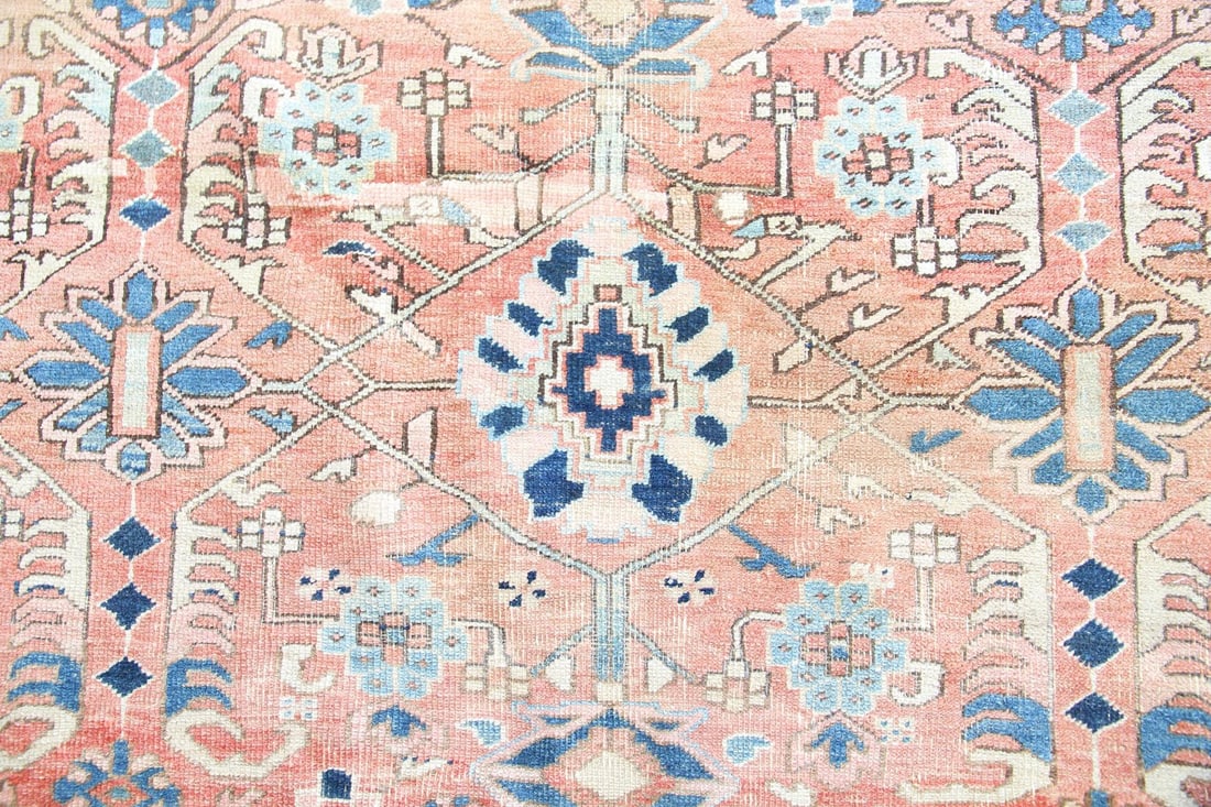 Square Persian Heriz Wool Rug, Pink & Blue: Square Persian Heriz Rug, Pink & Blue. A hand knotted rug with all-over botanic motifs, in a muted palette of blush, blue, and tan. Sturdy wool on cotton ground.Dimensions are 102 in h x 104 in w. Con