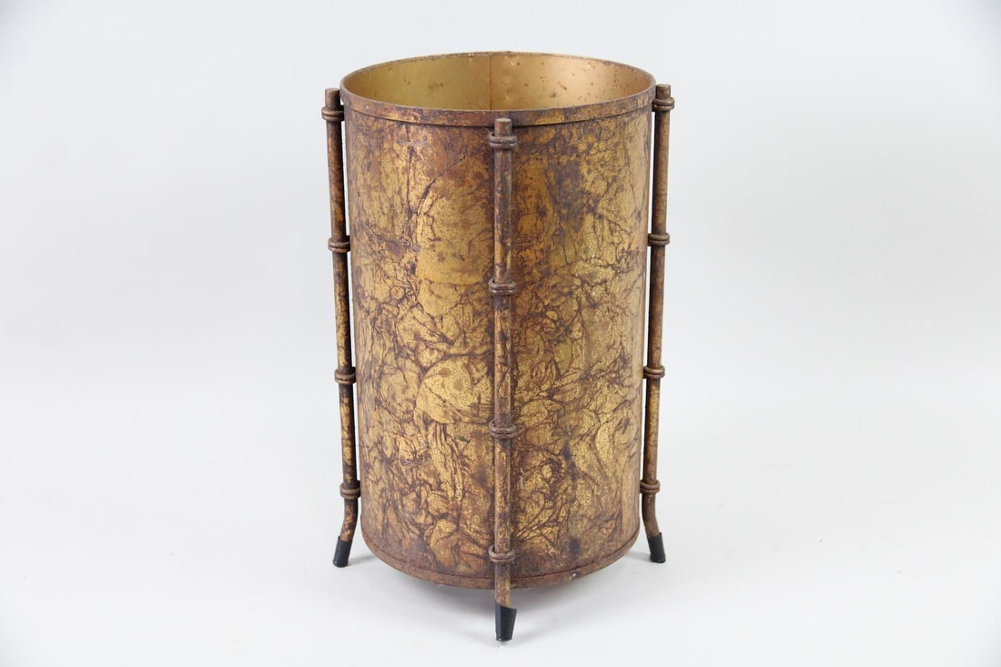 Hollywood Regency Gilt Faux Bamboo Metal Wastebasket (1 of 9)