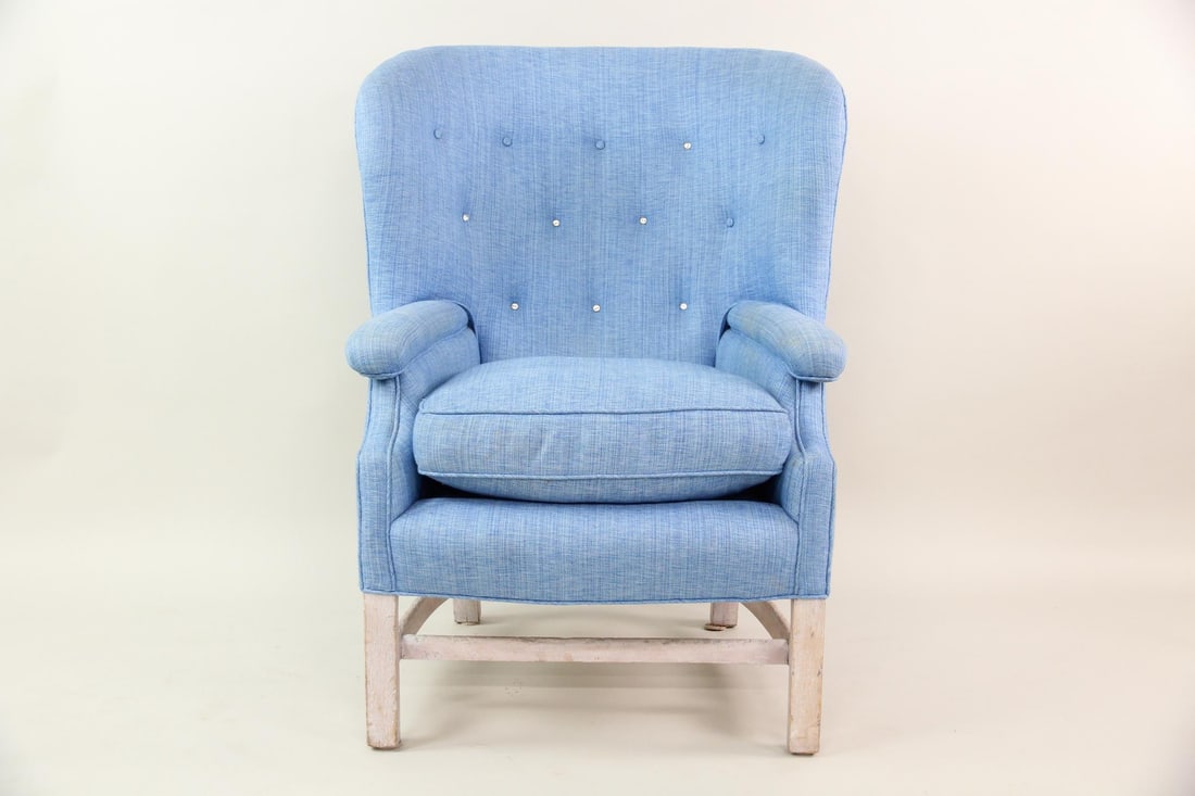 Blue Upholstered & Cerused Oak Wingback Chair (1 of 19)