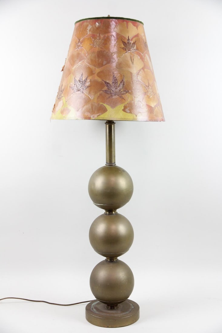 Brass Table Lamp, Stacked Spheres with Decoupage Leaf Shade (1 of 12)