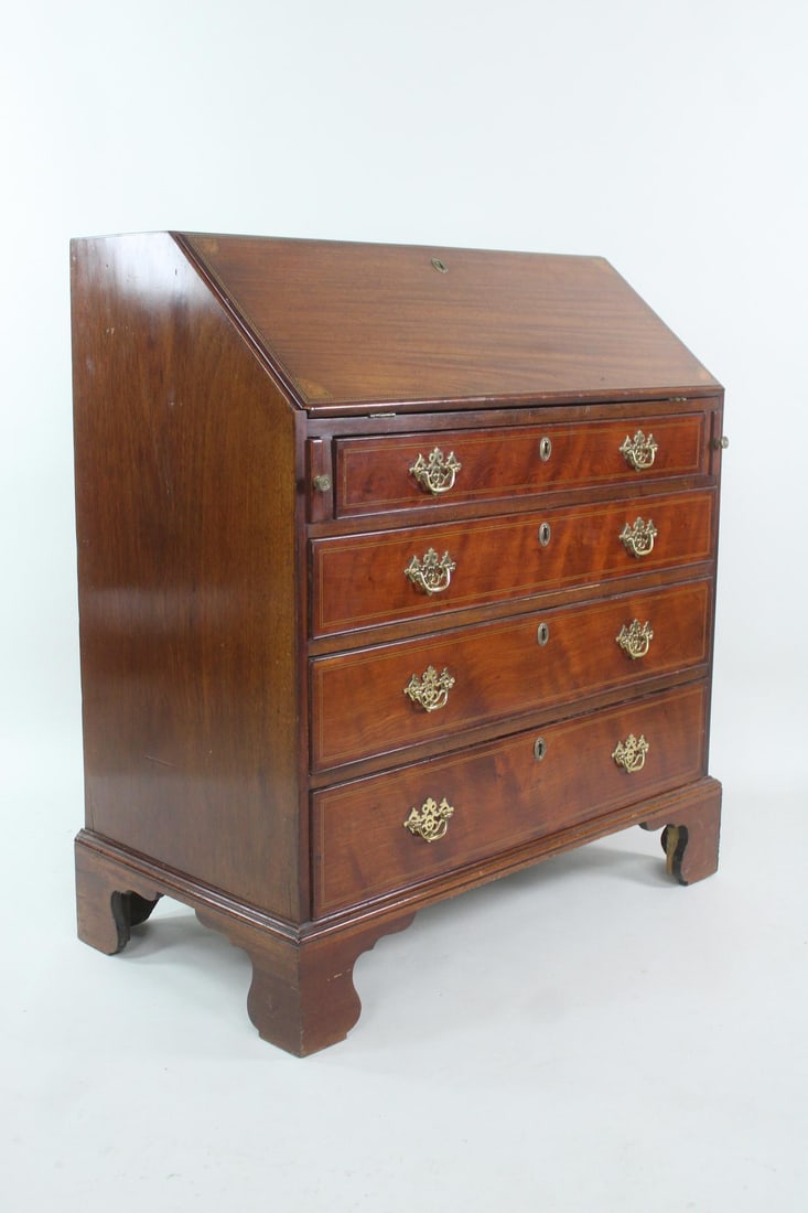 George III Slant Front Secretary Desk, Inlaid Wood & Brass (1 of 14)