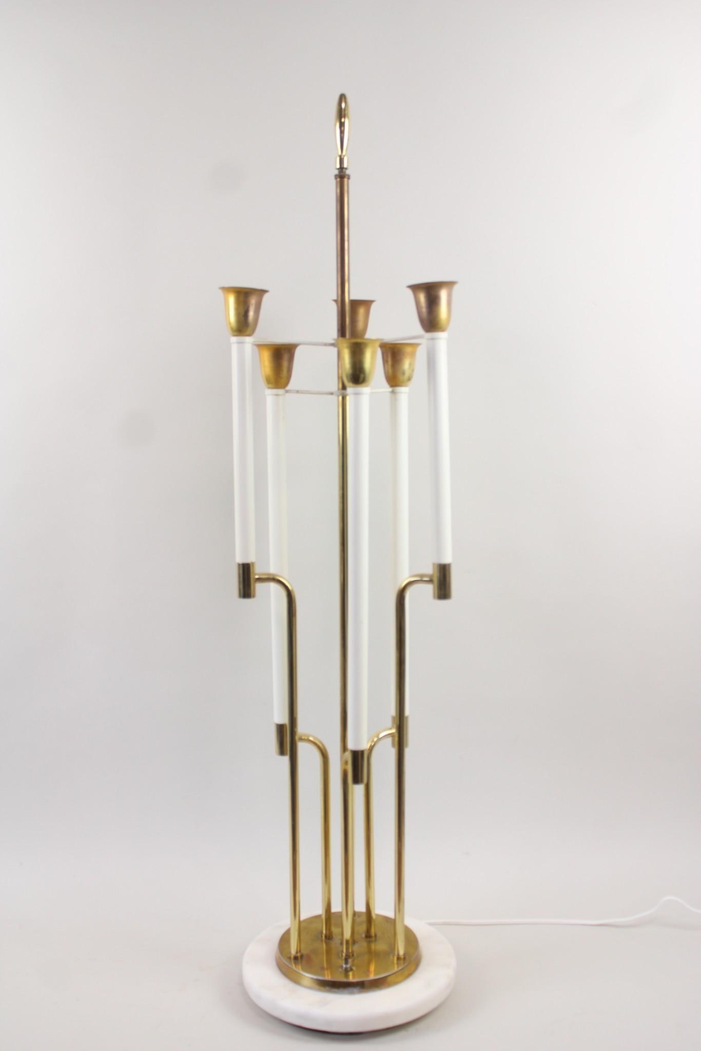 Monumental Candelabra Table Lamp, Tommi Parzinger Style: Mid-Century Modern Monumental Candelabra Table Lamp, Tommi Parzinger Style. Large lamp with 6 gold brass and white painted stems, and round white marble base. Includes shade. Dimensions of the lamp