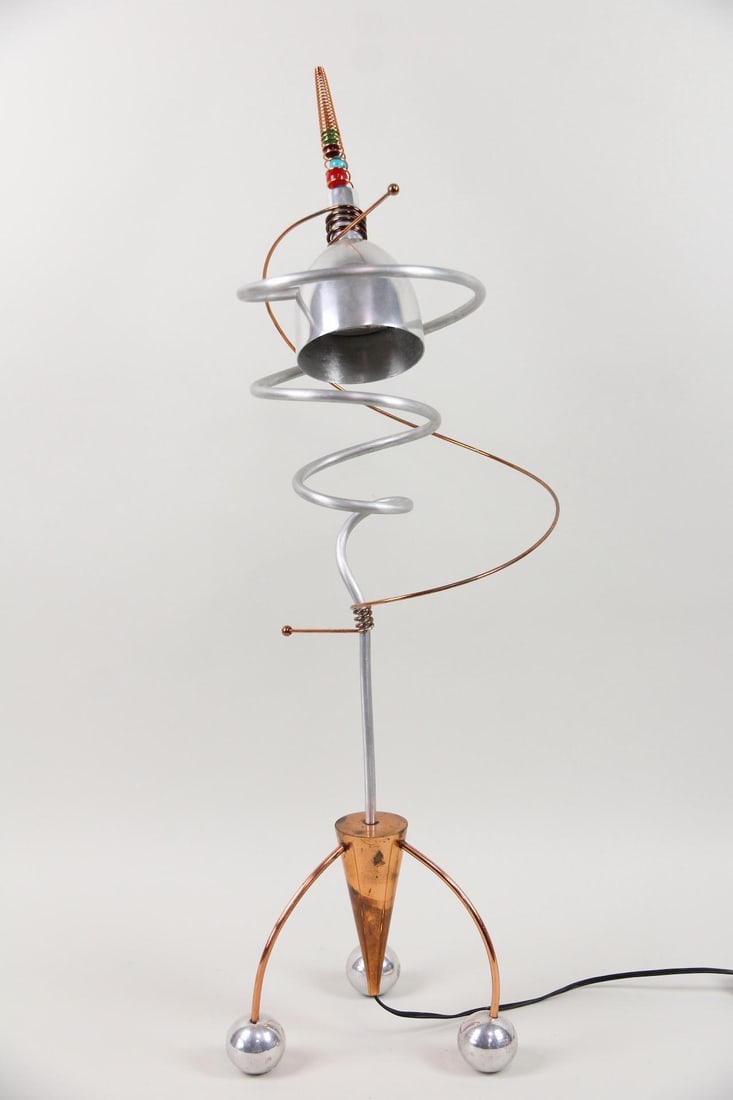 Postmodern Memphis Aluminum & Copper Sculptural Lamp: Postmodern Memphis Space Age Aluminum & Copper Sculptural Lamp. Whimsical lamp made of copper and aluminum with colorful glass marble details. Dimensions are 33 in h x 12 in w x 12 in d. Condition