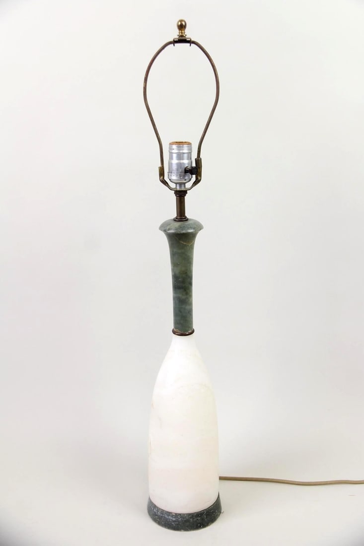 Mid-Century Modern Green & White Marble Lamp: Mid-Century Modern Green & White Marble Lamp. Sculptural lamp in green and white marble with brass accents. Dimensions are 29 in h x 4.25 in w x 4.25 in d. Condition is good with some surface wear