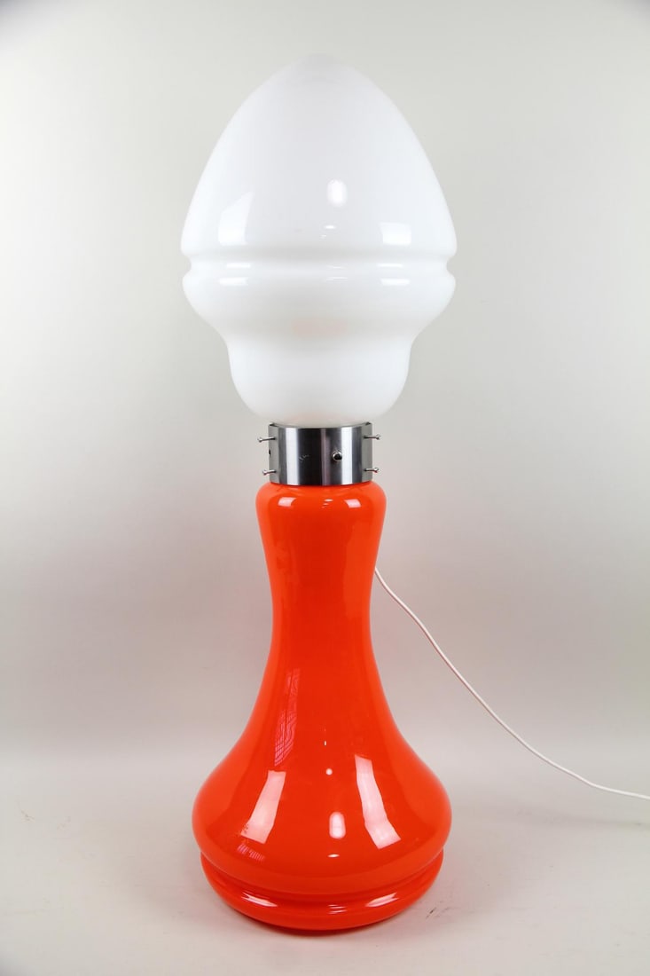 Birillo Lipstick Lamp, Orange Murano Glass, Carlo Nason: Birillo Lipstick Lamp, Orange Murano Glass, Carlo Nason A.V. Mazzega. A sculptural table lamp with white upper globe and orange base, made of Murano glass with metal center accent. Unmarked, this