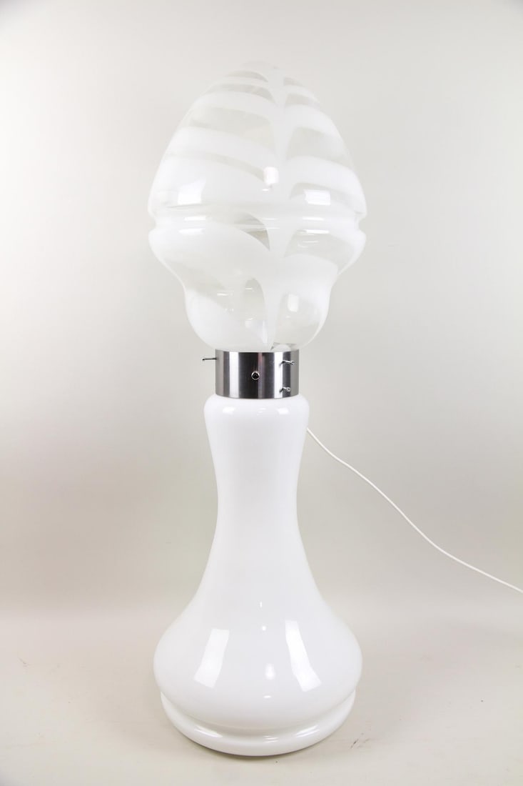 Birillo Lipstick Lamp, White Murano Glass, Carlo Nason: Birillo Lipstick Lamp, White Murano Glass, Carlo Nason A.V. Mazzega. A sculptural table lamp with swirling white upper globe and solid white base, made of Murano glass with metal center accent.