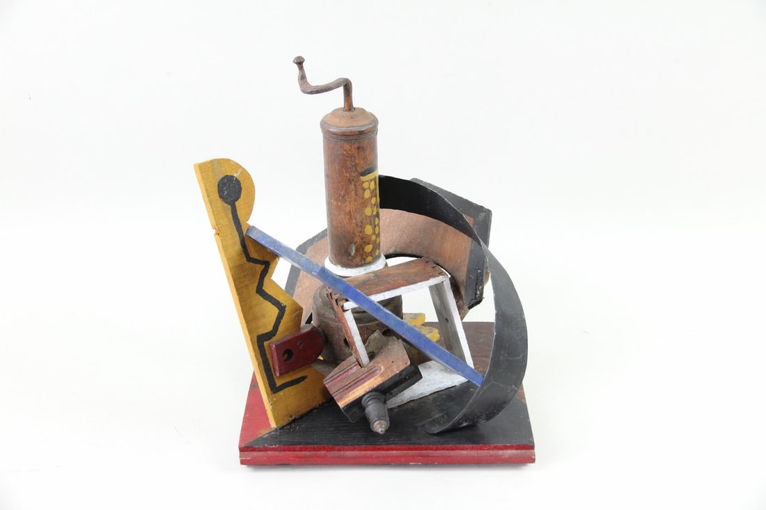 Cubist Sculpture, Attributed to Antonio Huberti: Mixed Media Modernist Cubist Sculpture, Attributed to Antonio Huberti. Modernist sculpture made of found objects, wood and metal. Has a label on underside Attributed to Antonio Huberti. Dimensions