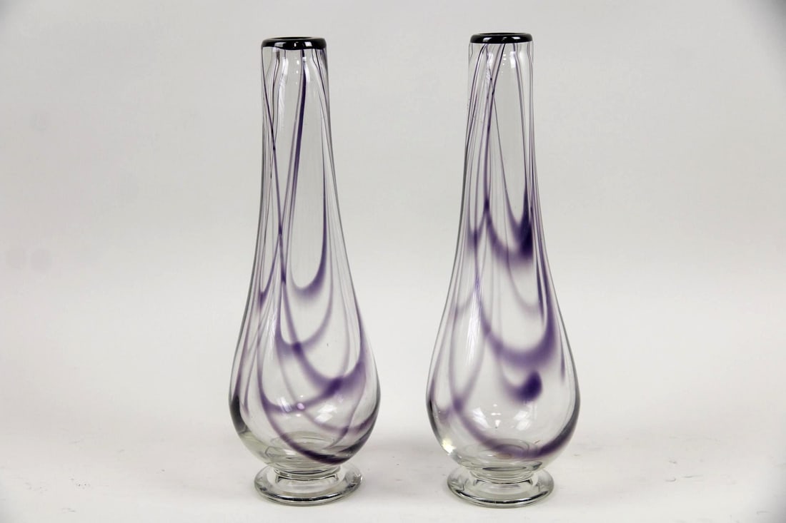 Pair of Sommerso Purple Glass Vases, Vicke Lindstrand for Kosta Boda: Pair of Scandinavian Mid-Century Modern Sommerso Purple Glass Vases, Vicke Lindstrand for Kosta Boda. Matching pair of glass vases with "Sommerso" or "Spiral Thread" design featuring clear glass with