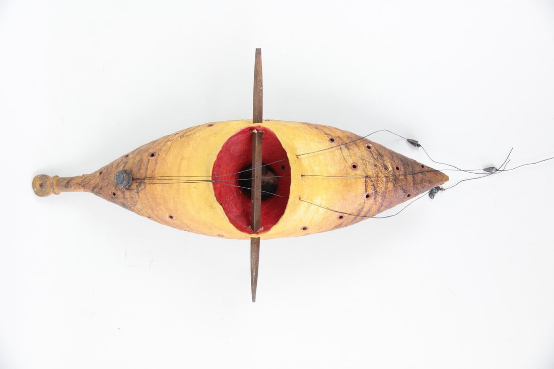 Abstract Paper & Fiber Mixed Media Sculpture by Danielle Bodine: Abstract Paper & Fiber Instrument Sculpture by Danielle Bodine. A cocoon-like form with red fiber, photograph, metal rod, and wire strings. Entitled "Garden Song," from the American textile artist